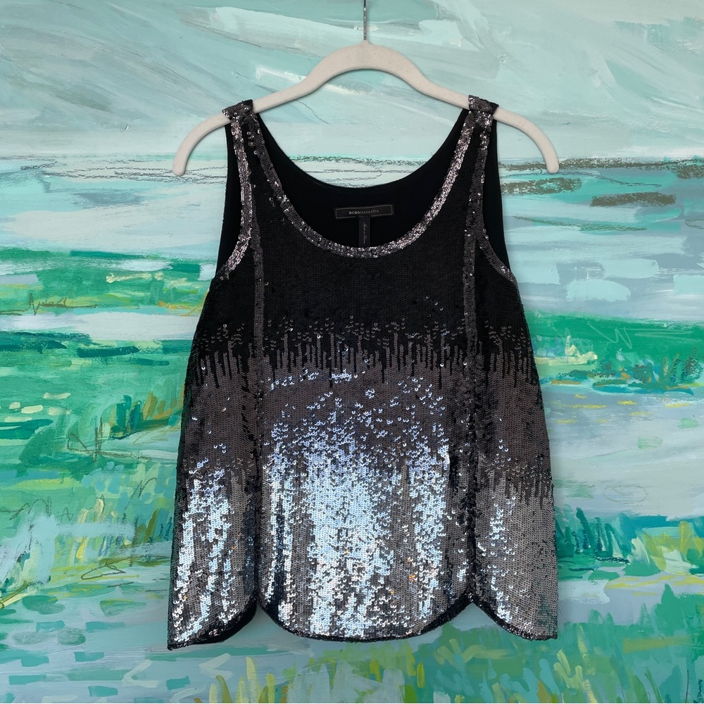 BCBG MAXAZRIA Sequin Scallop-Hem Top in Black-Gray-Silver Gradient